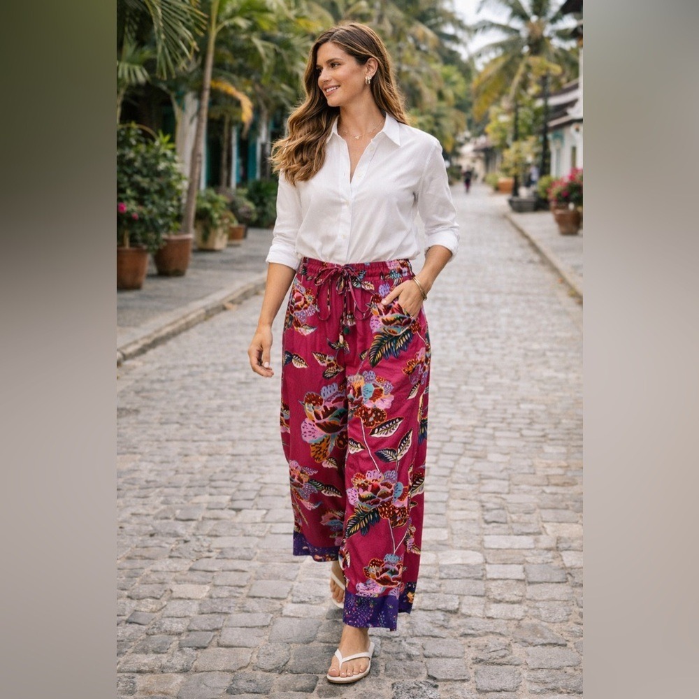 Farm Rio Anthropologie Floral Pants Womens M Pink Tropical Elastic Waist Boho